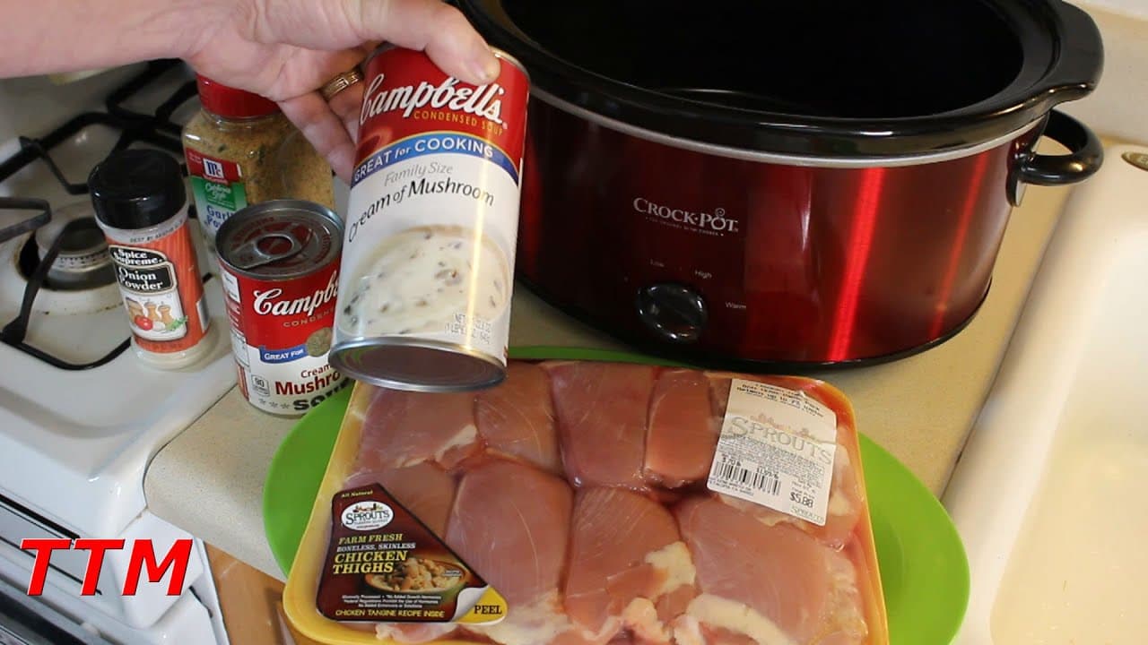 Video thumbnail: Easy Chicken Crock-Pot Slow Cooker Recipe~Chicken Thighs in Cream of Mushroom Soup