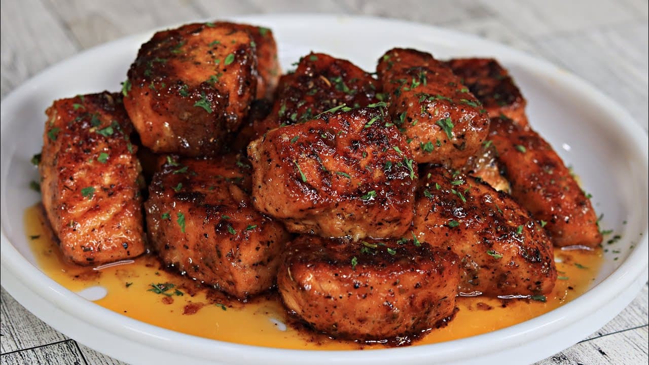 Video thumbnail: Honey Butter Garlic Glazed Salmon Bites